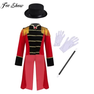 Boys Girls Halloween Circus Ringmaster Cosplay Performance Costume Long Sleeve Tassel Tailcoat with Hat Magic Wand Gloves Set
