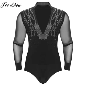 Men Latin Dance Leotard Figure Skating Ballet Ballroom Dancing Tango Performance Costume Long Sleeve Shiny Rhinestones Bodysuit