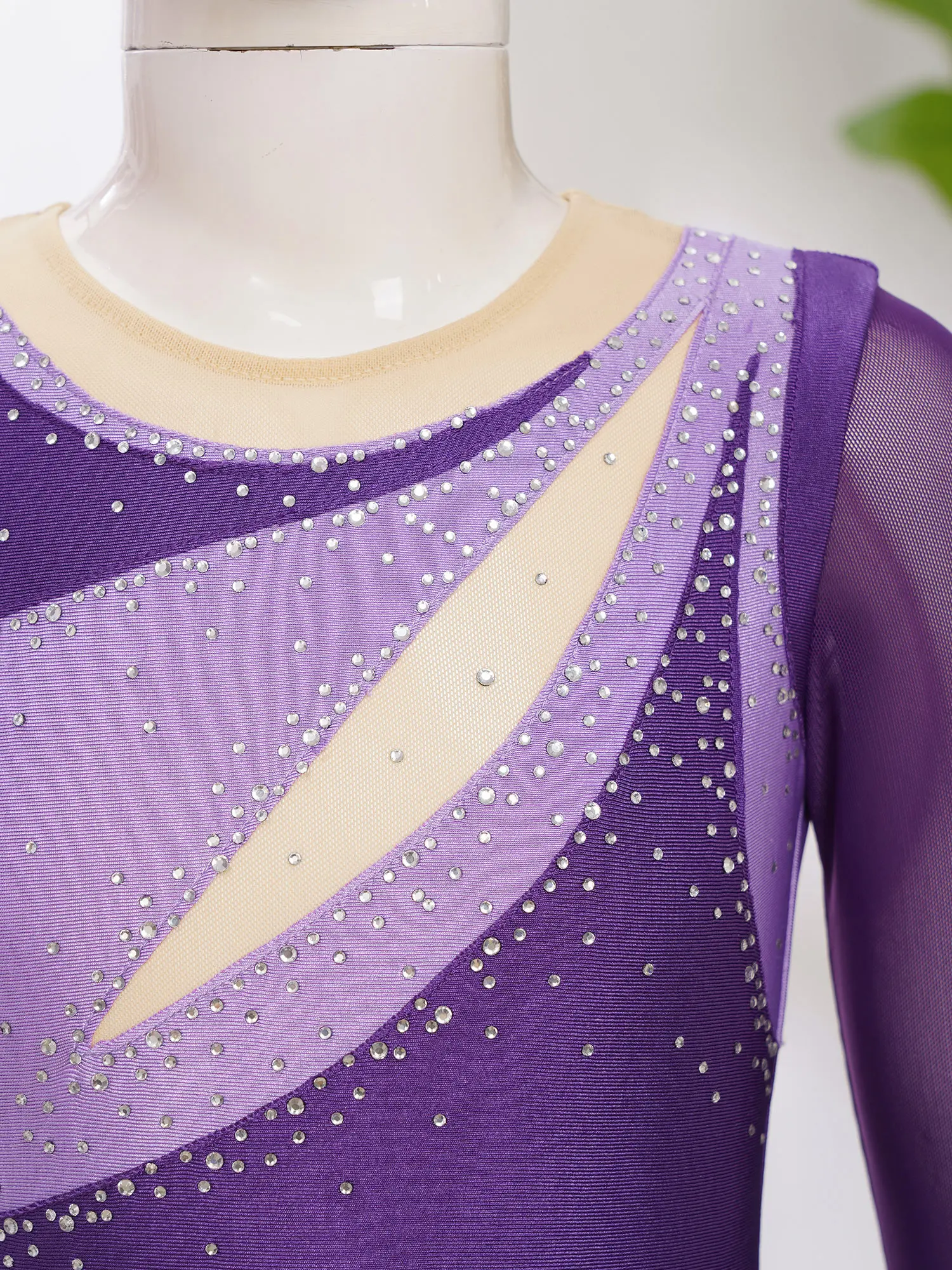 Kids Girls Figure Ice Skating Costume Lyrical Dance Ballet Gymnastics Leotard Dress Long Sleeve Rhinestone Sheer Mesh Dancewear - Image 4