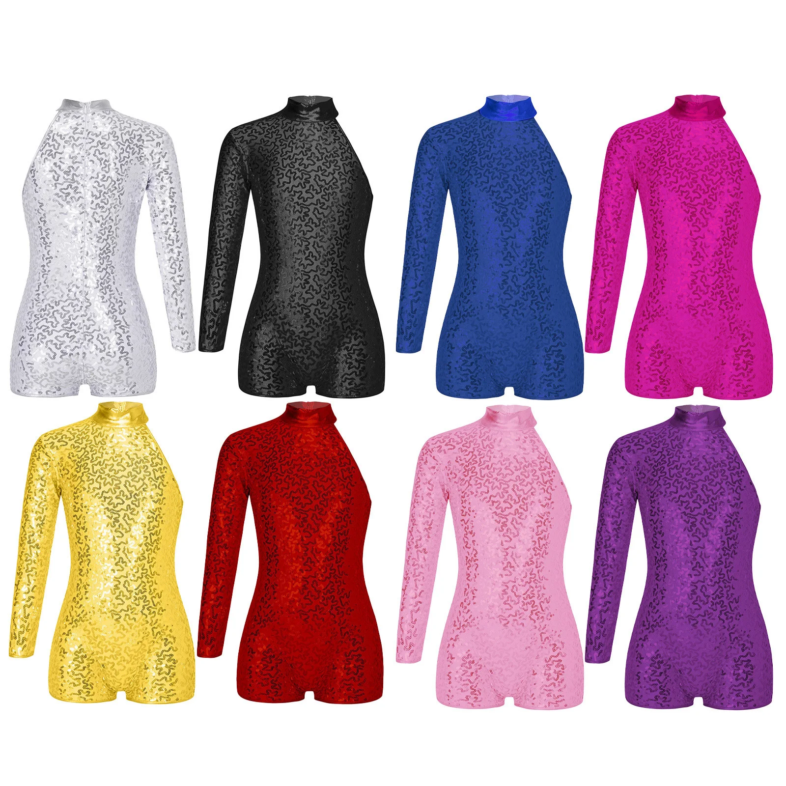 Children Girls Ballet Leotard Jazz Dance Gymnastics Skating Performance Costume Single Long Sleeve Shiny Sequin Zipper Bodysuit - Image 3