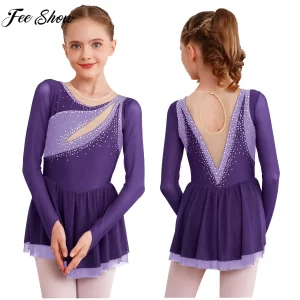 Kids Girls Figure Ice Skating Costume Lyrical Dance Ballet Gymnastics Leotard Dress Long Sleeve Rhinestone Sheer Mesh Dancewear