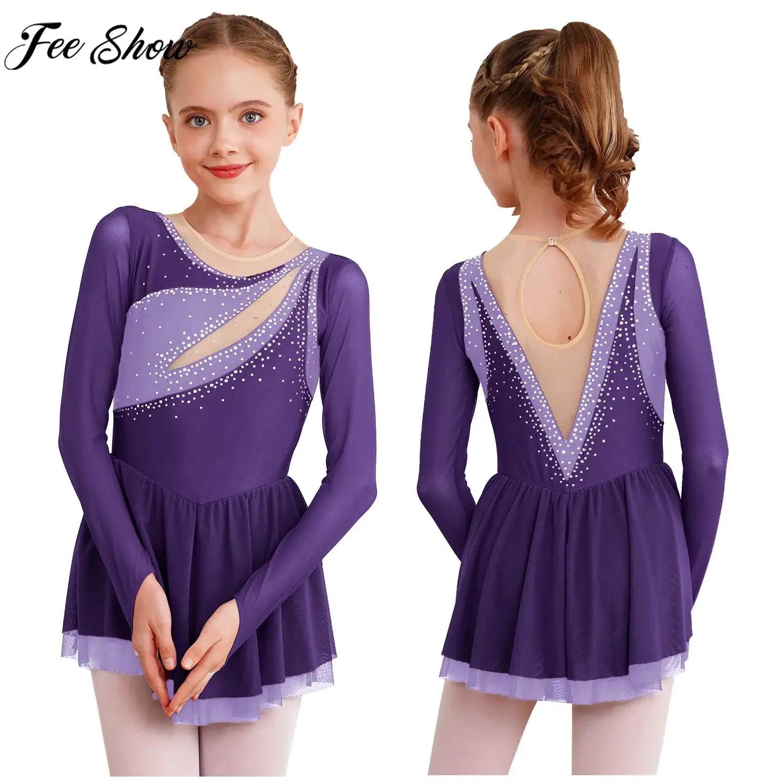 Kids Girls Figure Ice Skating Costume Lyrical Dance Ballet Gymnastics Leotard Dress Long Sleeve Rhinestone Sheer Mesh Dancewear