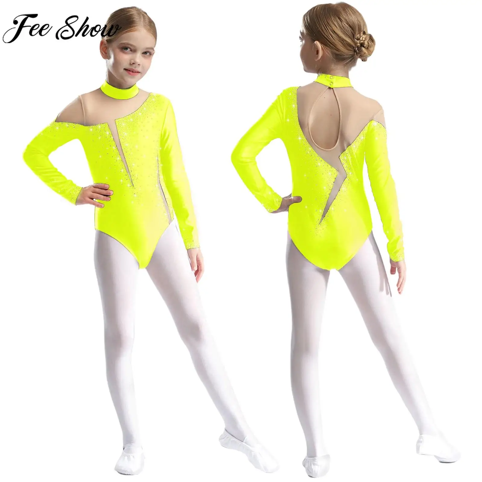 Girls Figure Skating Bodysuit Ballet Dance Gymnastics Acrobatics Yoga Leotard Long Sleeve Sheer Mesh Shiny Rhinestone Jumpsuit