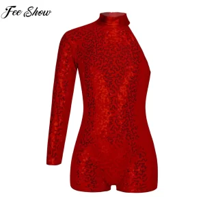 Children Girls Ballet Leotard Jazz Dance Gymnastics Skating Performance Costume Single Long Sleeve Shiny Sequin Zipper Bodysuit