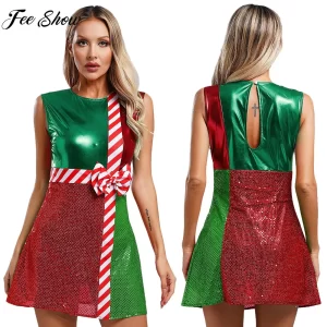 Women Christmas Santa Elf Costume Shiny Sequins Bowknot Dress Ballet Dance Skating Leotard Tutu for Xmas Carnival New Year Party