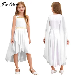 Girls Halloween Ancient Greek Roman Athena Goddesses Princess Queen Cosplay Costume Sleeveless Asymmetrical Cape Dress Toga
